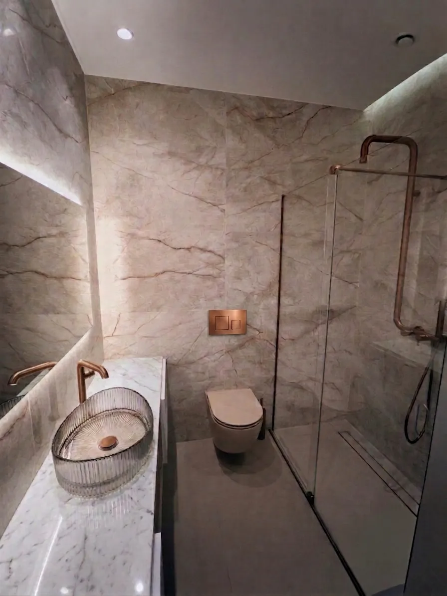 Curated bathroom interior space