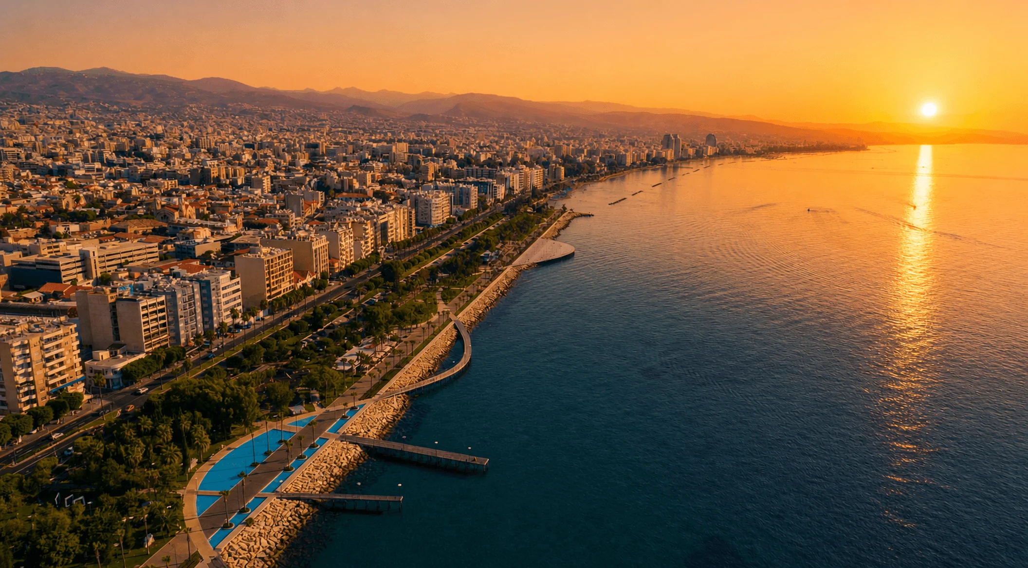 Limassol coastal road at sunset